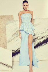 VESTIDO LONGO TOMARA QUE CAIA EM ZIBELINE COM CORPETE PEPLUM BORDADO COM RECORTES DE FOLHAS E PEDRAR